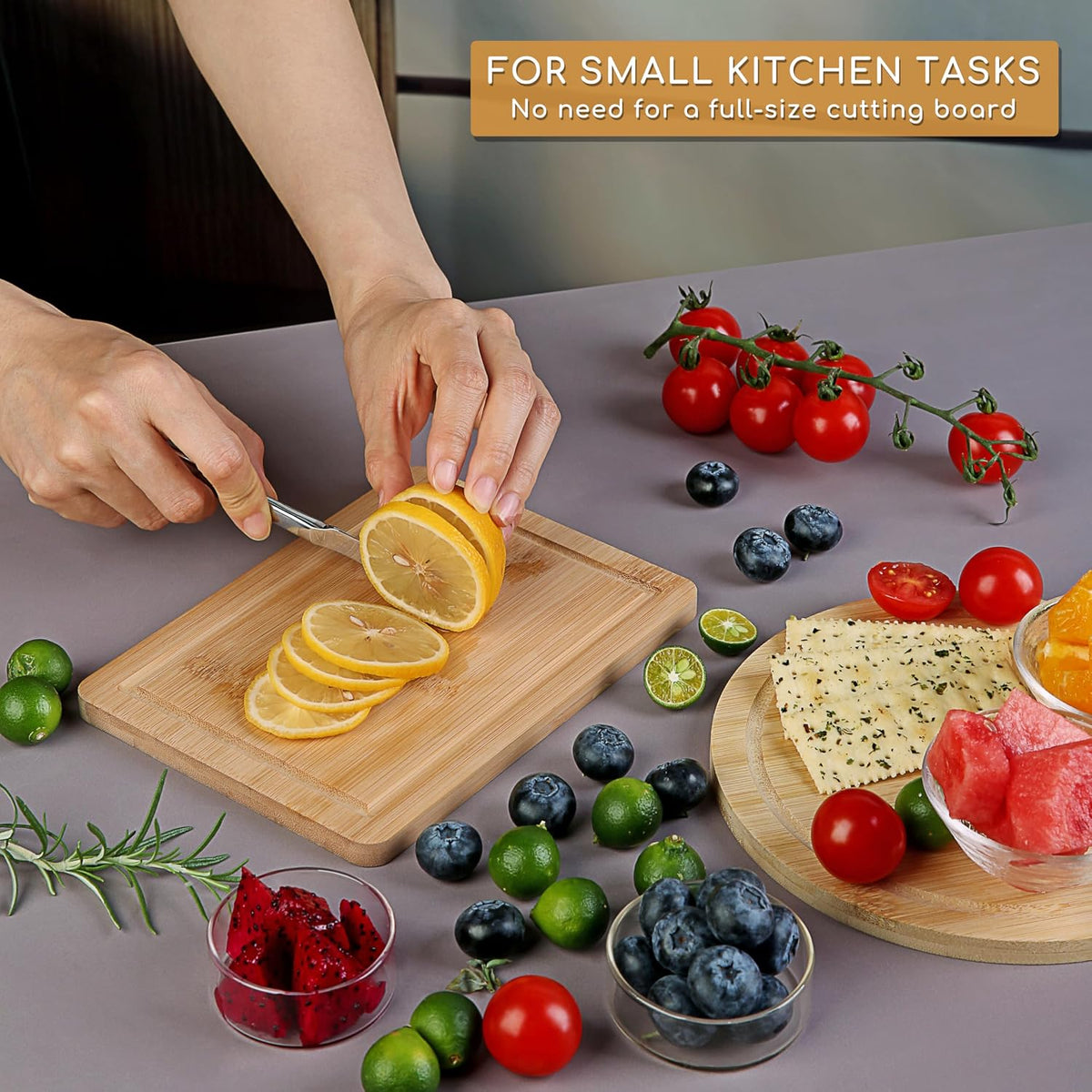 Donxote Small Cutting Board Set of 2 - Compact with Juice Groove for Fruits, Vegetables, Cheese & Sandwiches, Lightweight & Non-Toxic Mini Boards for Charcuterie, Camping & Kitchen