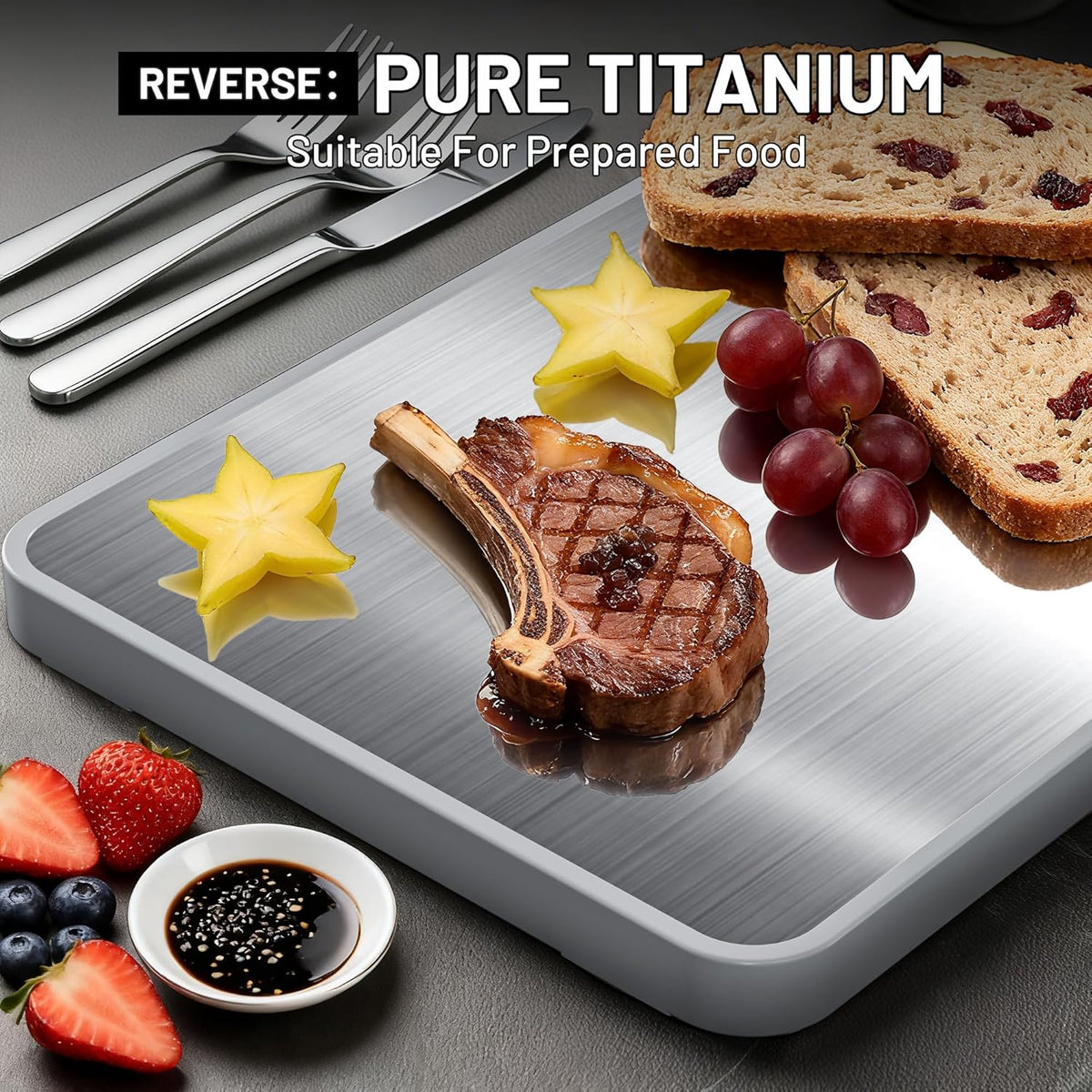 Titanium Cutting Boards For Kitchen,Ebony Wood Cutting Board,Double Sided Metal Chopping Board With Handle And Juice Groove, Idea Kitchen Appliances For Meat And Charcuterie