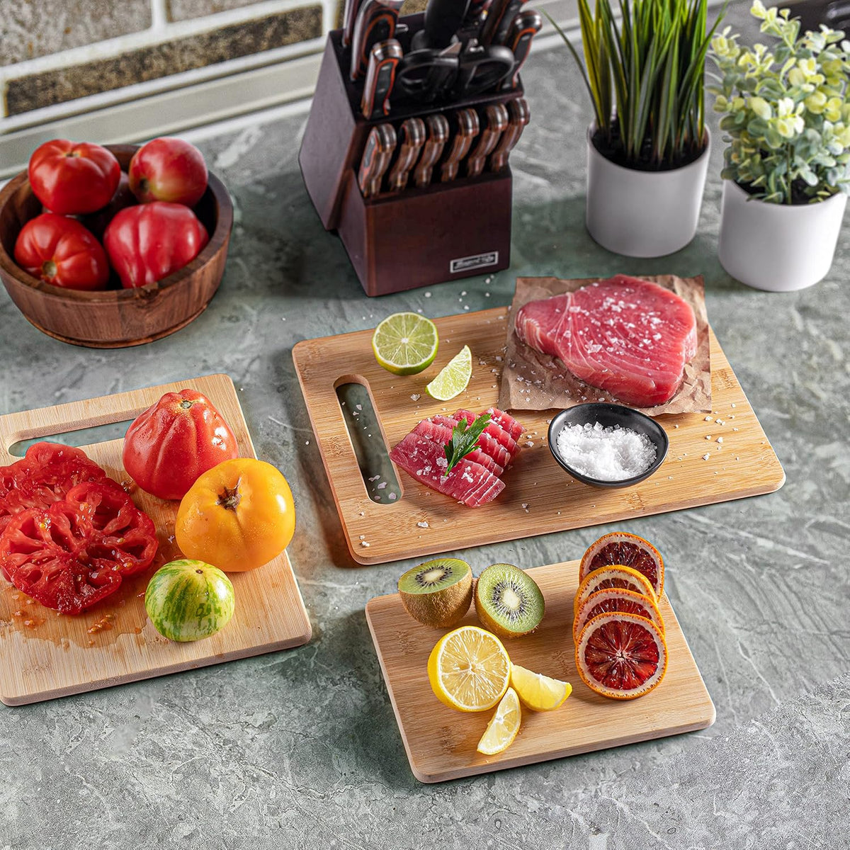 Bamboo Cutting Boards for Kitchen - Set of 3 Reversible Wood Cutting Boards with Handle, Large Medium Small Chopping Boards for Meat Vegetables Fruit Cheese Bread, Knife Friendly, 13x9.5 11x8.5 8x6