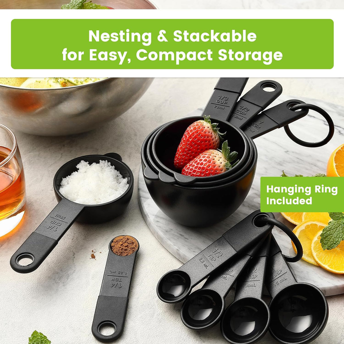 Spring Chef Black Magnetic Measuring Cups & Spoons - 9 pcs - Nesting Design