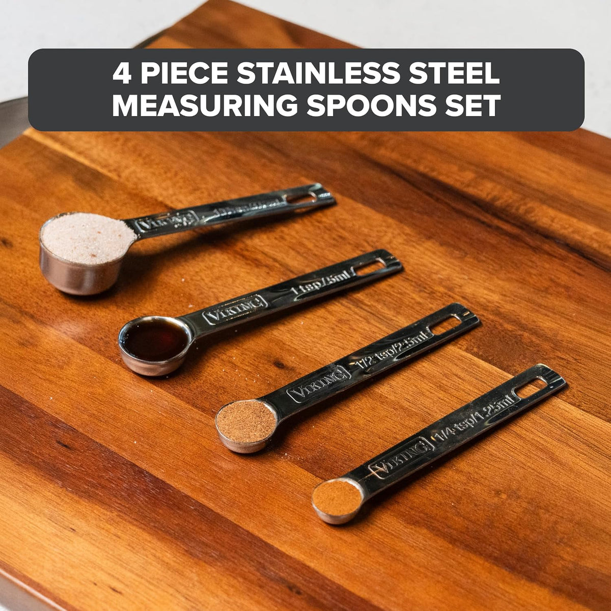 Viking 4-Piece Stainless Steel Measuring Spoons Set, 304 Stainless Steel, Nesting Design with Removable Ring, Dishwasher Safe