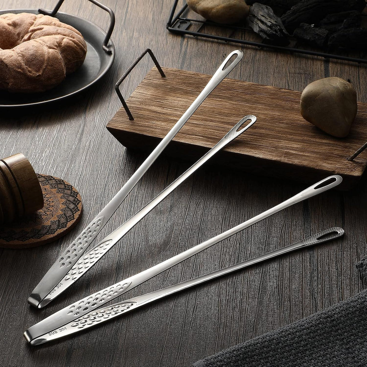 3 Pcs 9.4 Inches Korean BBQ Tongs Stainless Steel Kitchen Tweezers Grill