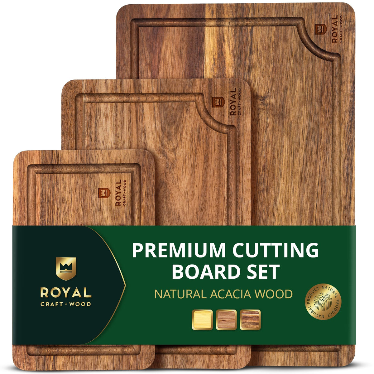 ROYAL CRAFT WOOD Wooden Cutting Boards for Kitchen Meal Prep & Serving - Bamboo Wood Serving Board Set with Deep Juice Groove Side Handles - Charcuterie & Chopping Butcher Block for Meat