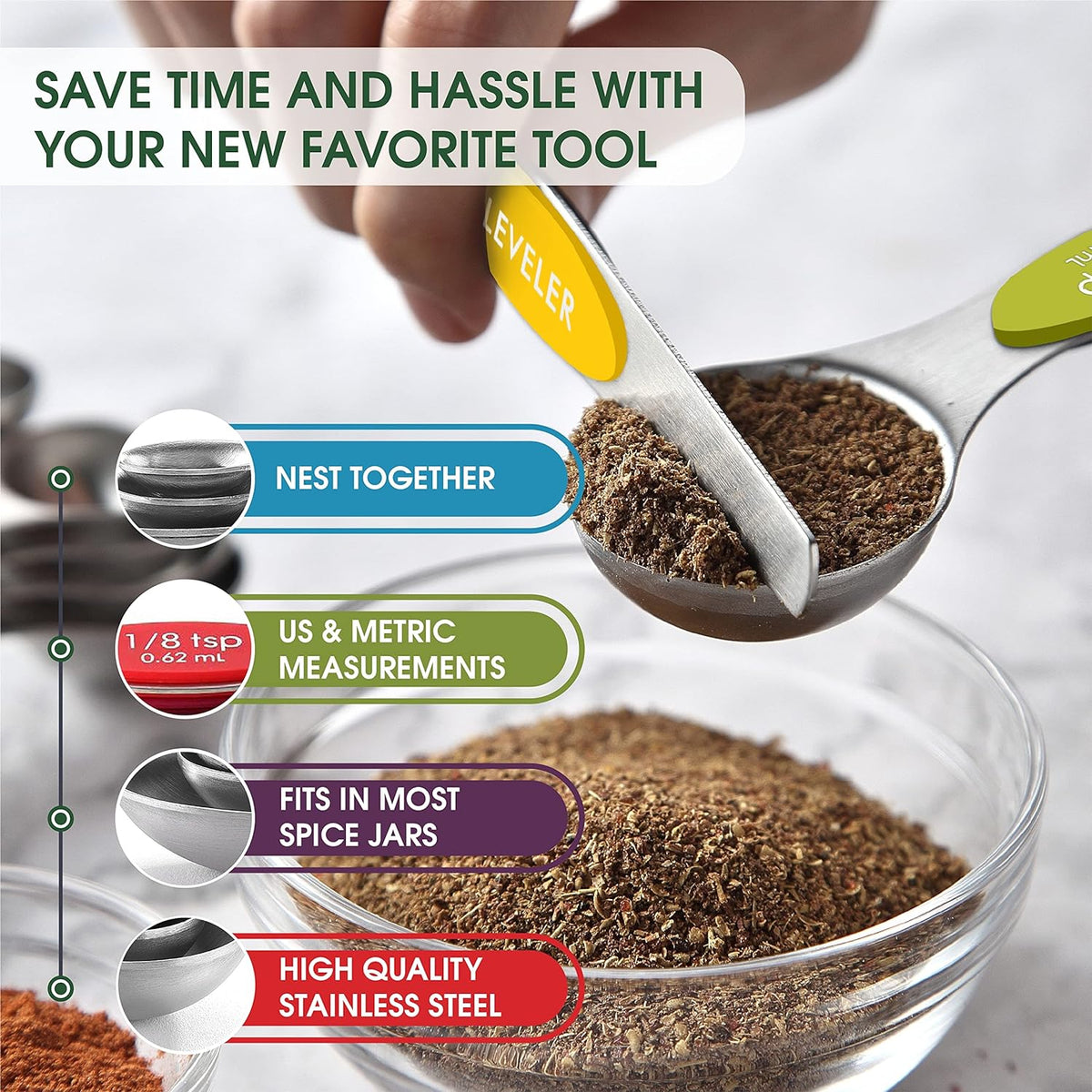 Spring Chef Magnetic Measuring Spoons Set of 8 for Kitchen, Multicolor