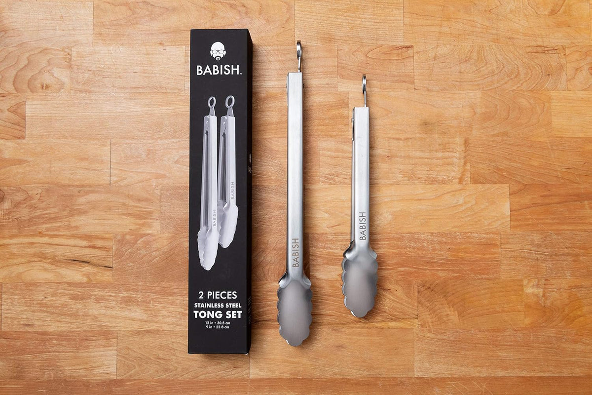 Babish 2-Piece Locking Kitchen Tongs Set – 12” & 9” Stainless Steel Cooking Tongs with Non-Slip Grip – Heavy-Duty BBQ, Grilling & Serving Tools