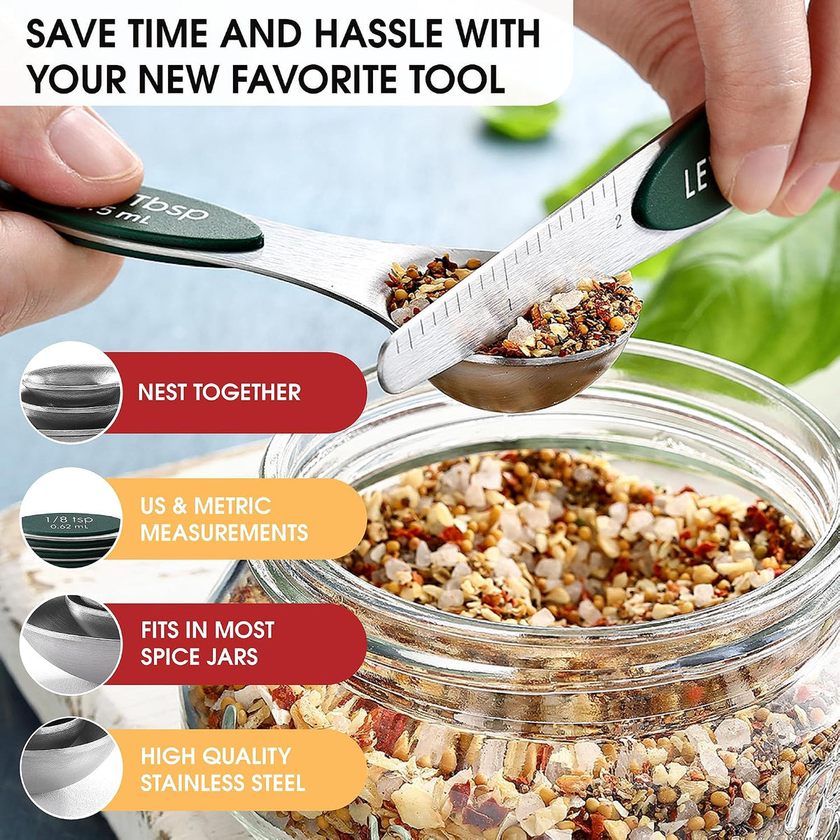 Spring Chef Stainless Steel Magnetic Measuring Spoons Set of 8, Pine Green
